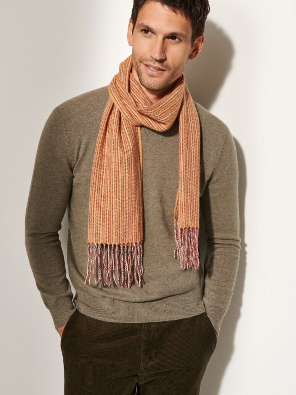 Luxurious Overland Striped Cashmere Scarf Saffron Multi Color Men Women
